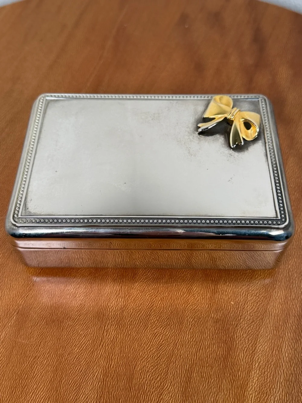 Vintage Silver Plated Jewelry Box w/ Gold Colored Bow Blue Velvet Lined
